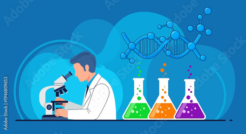 Scientist examining DNA structure with microscope and test tubes in laboratory