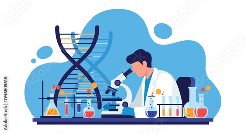 Scientist examining DNA structure with microscope in laboratory, biotechnology research concept