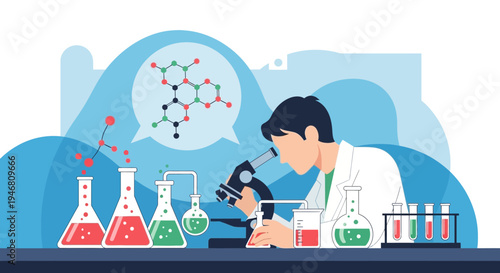 Scientist examining molecules under microscope in laboratory with chemical flasks and test tubes