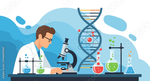 Scientist examining DNA structure with microscope in laboratory, science research concept