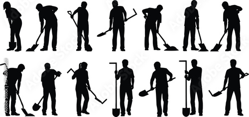 construction worker silhouettes set with shovel and digging tools, laborer working poses collection, manual work industry people vector illustration isolated on white background