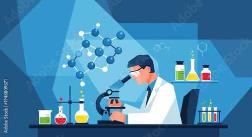 Scientist examining molecules under microscope in modern laboratory, science research concept