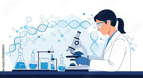 Scientist examining DNA structure with microscope in laboratory, science and research concept