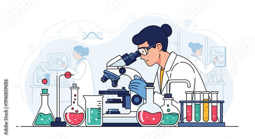 Scientist examining sample under microscope in laboratory, surrounded by equipment