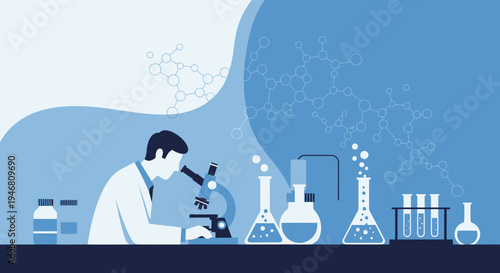 Scientist examining sample under microscope in laboratory with chemical equipment