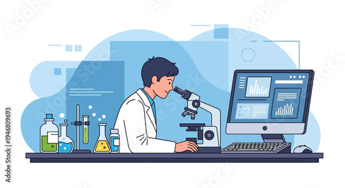 Scientist examining sample under microscope in modern laboratory with computer data analysis