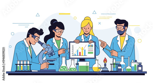 Diverse scientists collaborate in a modern lab, analyzing data and conducting experiments.