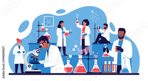Diverse scientists conduct research in a modern laboratory, using microscopes and test tubes.