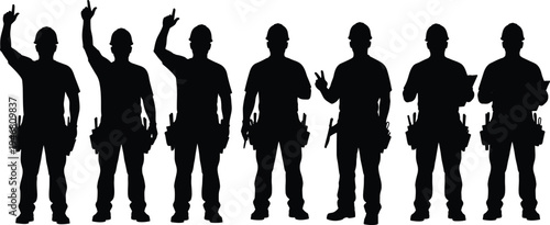 construction worker silhouettes with tool belts showing hand gestures and working poses set, builders pointing and signaling, industrial labor workforce vector illustration isolated
