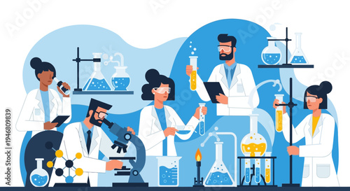 Diverse scientists in lab coats working with equipment, research, and experiments