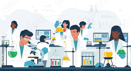 Diverse scientists in lab coat working on research and experiments with microscopes and beakers