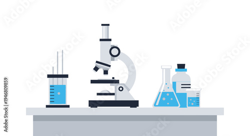Laboratory equipment: microscope, flasks, beakers with blue liquid on a table