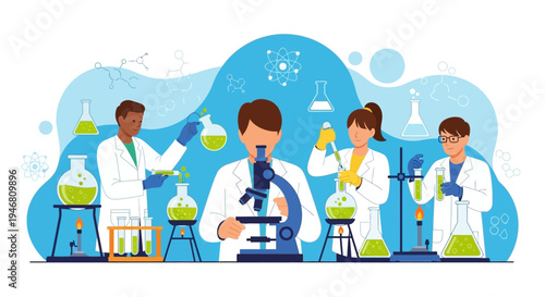 Diverse Scientists in Lab Conducting Experiments with Microscopes and Beakers