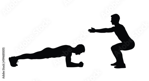 Silhouette of a man transitioning between a burpee exercise and squat position