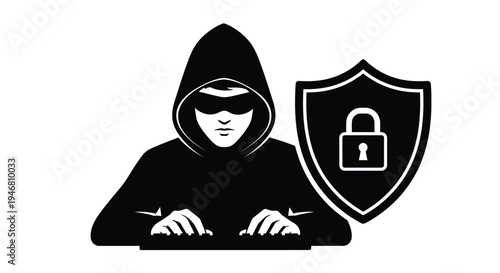 Anonymous figure with a shield and padlock typing on a keyboard