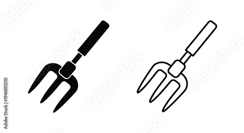Two black and white illustrations of garden pitchforks are displayed