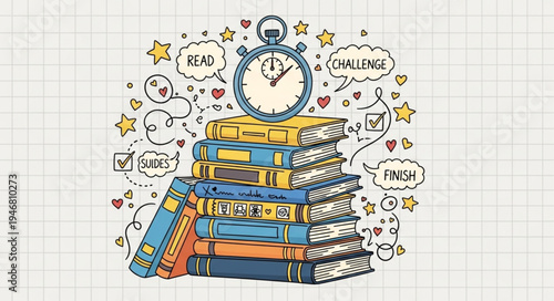 Stack of books with stopwatch and speech bubbles.
