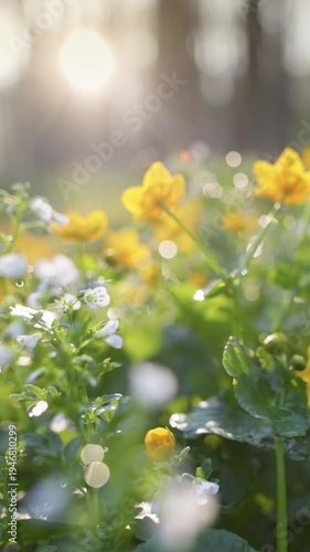 Wallpaper Mural Small yellow flowers blooming in spring forest, vertical macro with sunlight and bokeh effects. Sunny spring meadow with white and yellow flowers. Beautiful wild flowers in the morning forest light Torontodigital.ca