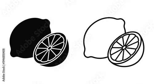 Black and white illustration of whole and sliced limes and lemons