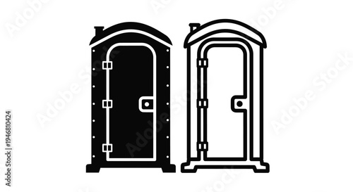 Two black and white portable toilets depicted in a simple icon style