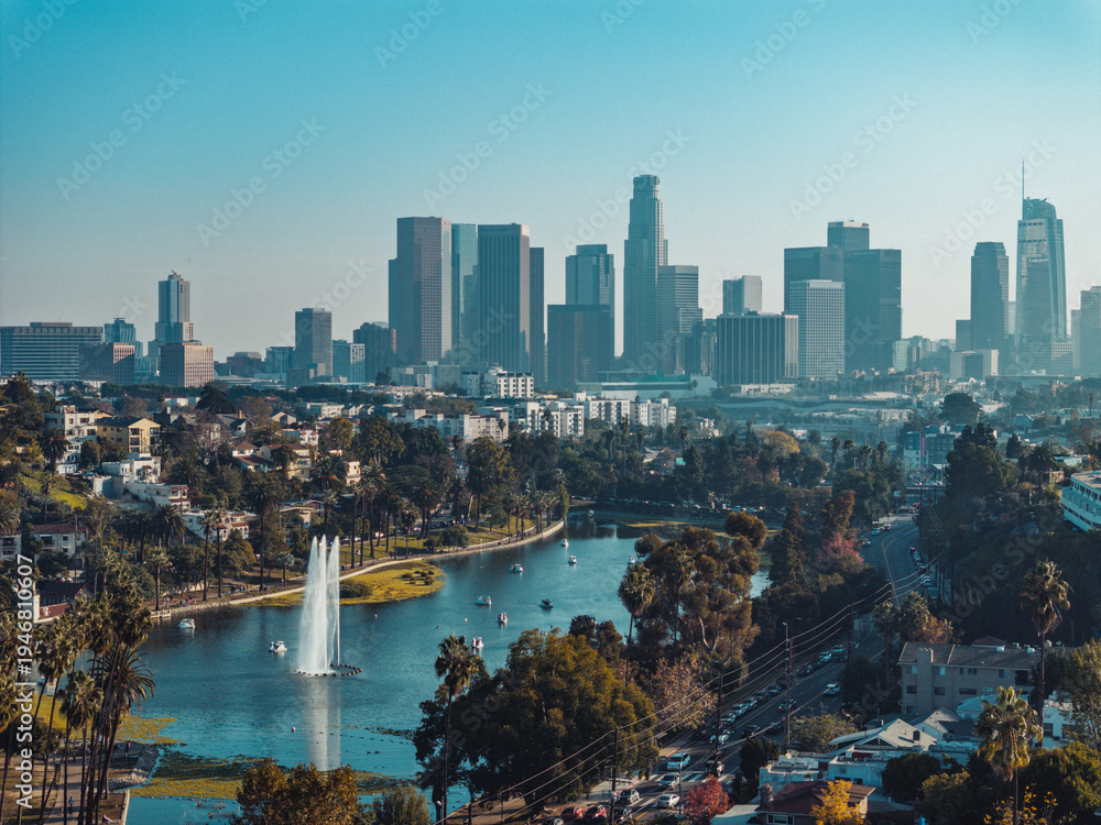Naklejka premium Aerial shot of the Downtown Los Angeles with Echo Park in CA, USA.