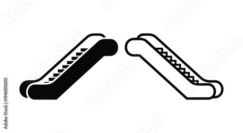 Black and white illustration of two facing escalators in a minimalist style