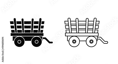 Simple black and white illustration of a wooden farm wagon or cart