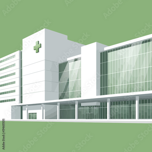 Modern Healthcare Facility Illustration: Medical Center Exterior with Architectural Details