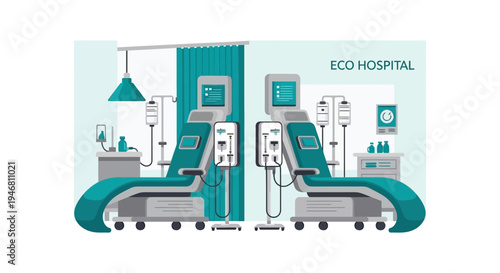 Modern Healthcare Illustration: Eco-Friendly Hospital Interior Design Concept with Contemporary