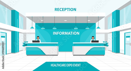 Modern Healthcare Reception Area Depicting An Information Desk And Supportive Staff