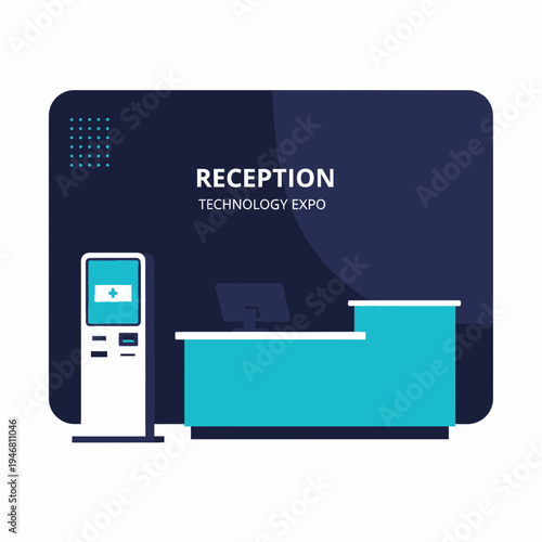 Modern Healthcare Reception Desk Design With Interactive Kiosk For Medical Technology Expo