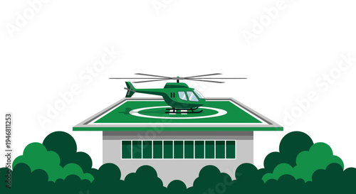 Modern Helicopter Resting On a Building's Rooftop Amidst Verdant Surrounding Scenery