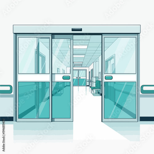 Modern Hospital Entrance with Automatic Doors Leading to Bright, Sterile Corridor Interior