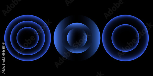 Sonic waves, WiFi signal glowing elements, radar sensor light effects, round wireless network neon symbols. Vector illustration.
