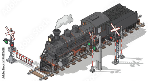 Vintage Steam Locomotive at a Railway Crossing.