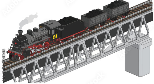 Vintage Steam Locomotive Crossing a Truss Bridge.