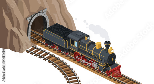 Vintage Steam Locomotive Emerging from a Tunnel on Railroad Tracks.