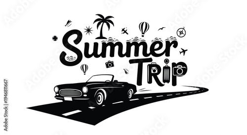 Vector illustration of a car on a road with summer trip text and icons
