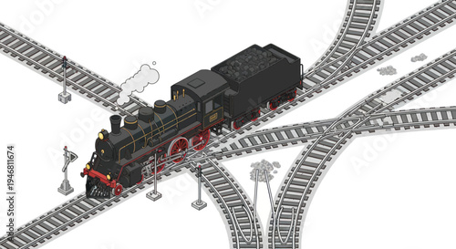 Vintage steam locomotive on a complex railway junction.