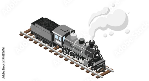 Vintage Steam Locomotive on Railroad Tracks.