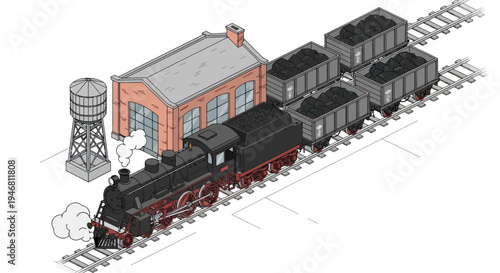 Vintage Steam Locomotive with Coal Cars at a Train Station.