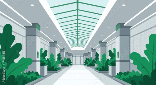 Modern Interior Architecture With Plants and Skylight, Business Office Corridor
