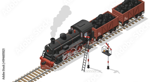 Vintage Steam Locomotive with Coal Wagons on Railway Tracks.
