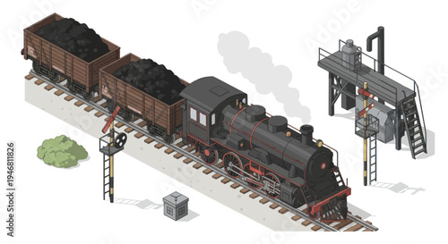 Vintage Steam Locomotive with Coal Wagons on Railway Tracks.