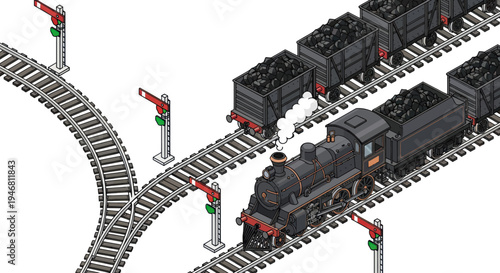 Vintage Steam Train and Coal Wagons on Railway Tracks.