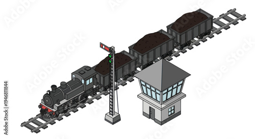 Vintage Steam Train and Signal Box Isometric Illustration.