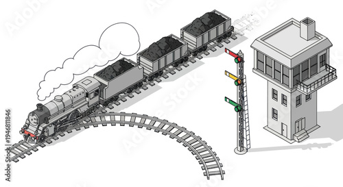 Vintage Steam Train and Signal Box Illustration.