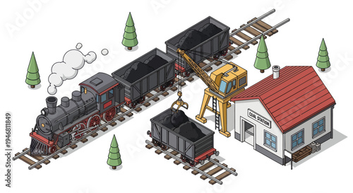 Vintage Steam Train and Industrial Crane at a Station.