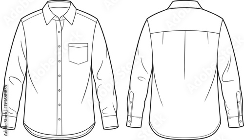 long sleeve button shirt front and back view technical outline, apparel template clothing design, cad drawing flat vector illustration
