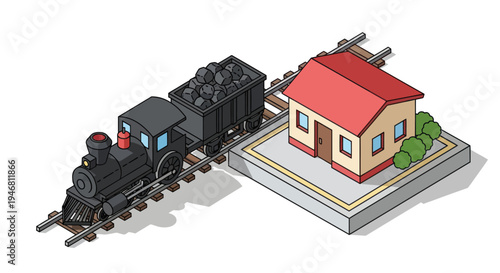 Vintage steam train arriving at a small house.